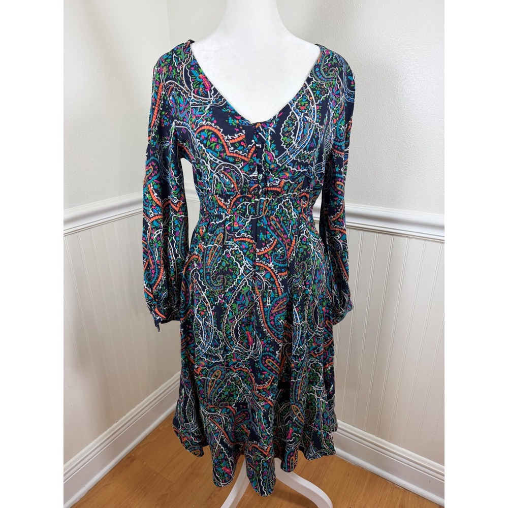 Maeve Paisley‎ Midi Dress Women XS Blue Boho Smocked Waist V-Neck Long Sleeve
